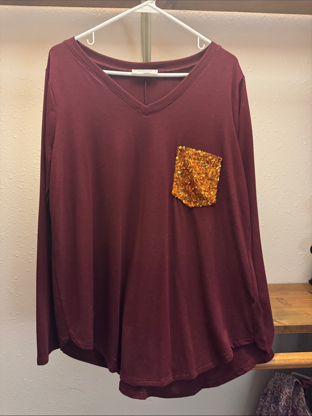 Zenana Outfitters Burgundy Long-Sleeve V-Neck with Gold Sequin Pocket
